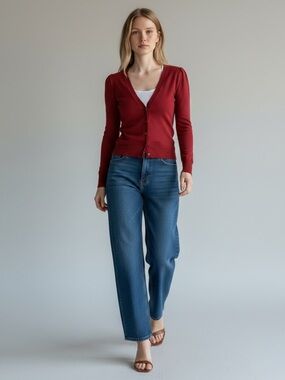 Ricki’s Burgundy Cardigan V Neck Button Front Fitted Size Small